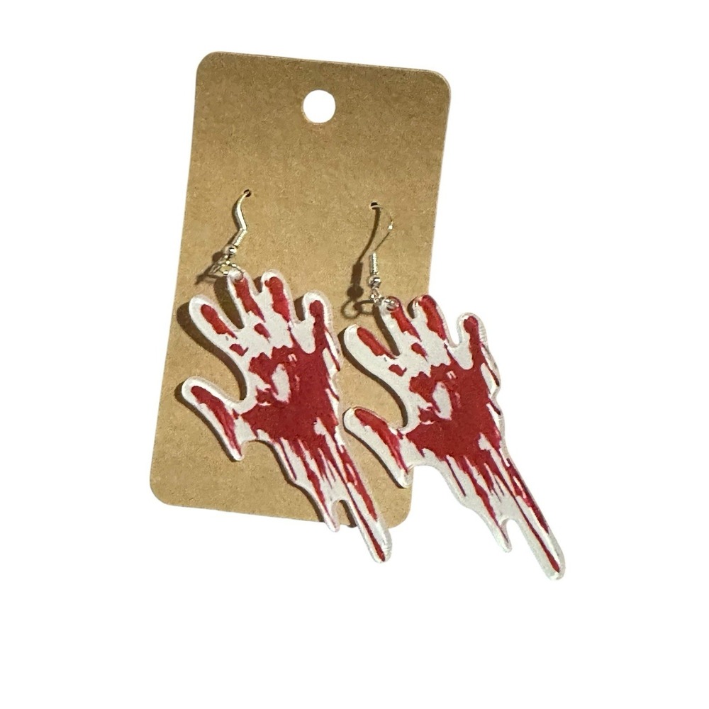Bloody Handprint Acrylic Dangle Earrings Halloween Horror Goth Spooky Red White